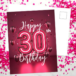Postal Vibrante Chic Rosa Neón Cumpleaños 30 con Globos