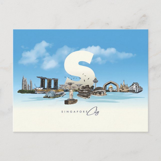 Postal Vibrante ciudad de viajes Singapur retro (Anverso)