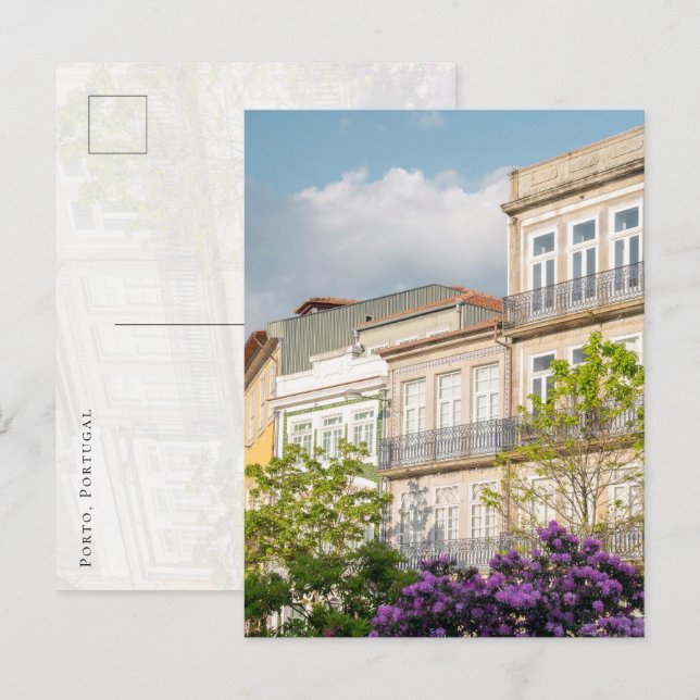 Postal vibrante de edificio de primavera en Porto (Anverso / Reverso)