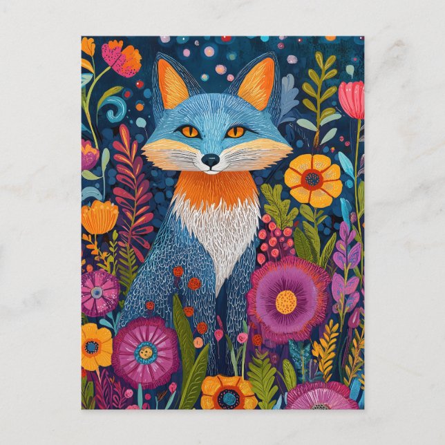 Postal Vibrante Fox Dot Art en medio de Lush Flora (Anverso)
