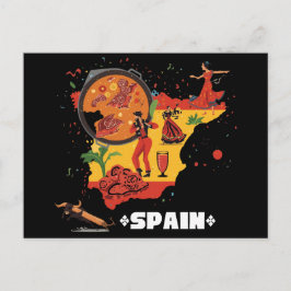 Postal Vibrante mapa de España Flamenco, Paella y Toro