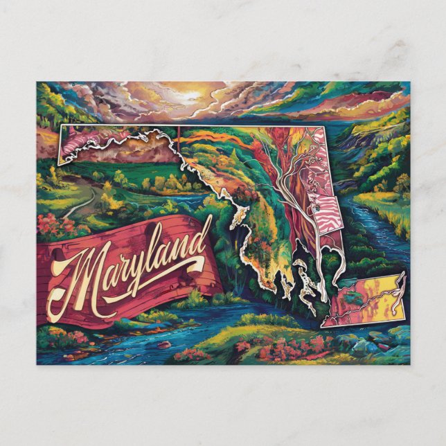Postal Vibrante Mapa de Maryland (Anverso)