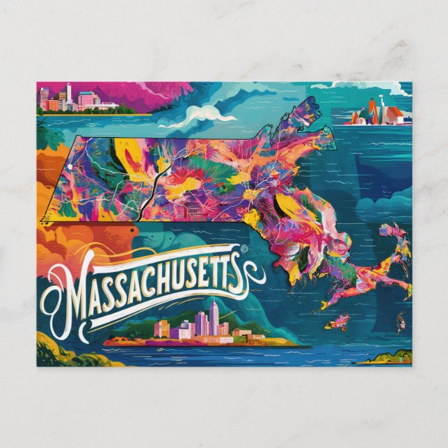 Postal Vibrante Mapa de Massachusetts (Anverso)