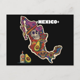 Postal Vibrante Mapa de México de Cráneo de Azúcar