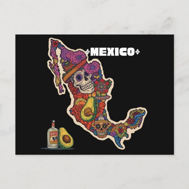 Postal Vibrante Mapa de México de Cráneo de Azúcar (Anverso)