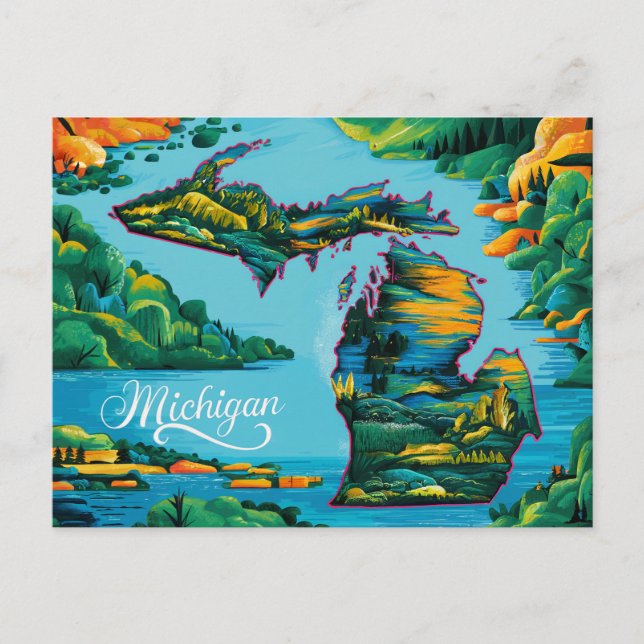 Postal Vibrante Mapa de Michigan (Anverso)
