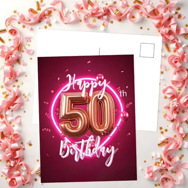 Postal Vibrante Moda Rosa Oro y Neón Rosa 50 cumpleaños (Subido por el creador)