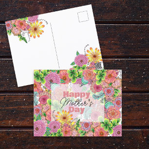 Postal Vibrantes intrincadas Florales dibujadas a mano Dí