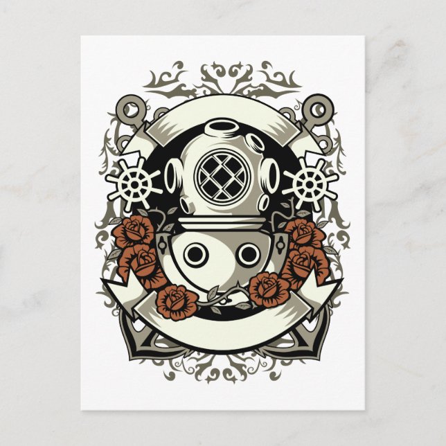 Postal Victoria Steampunk Deep Sea Diver Roses Rojos (Anverso)