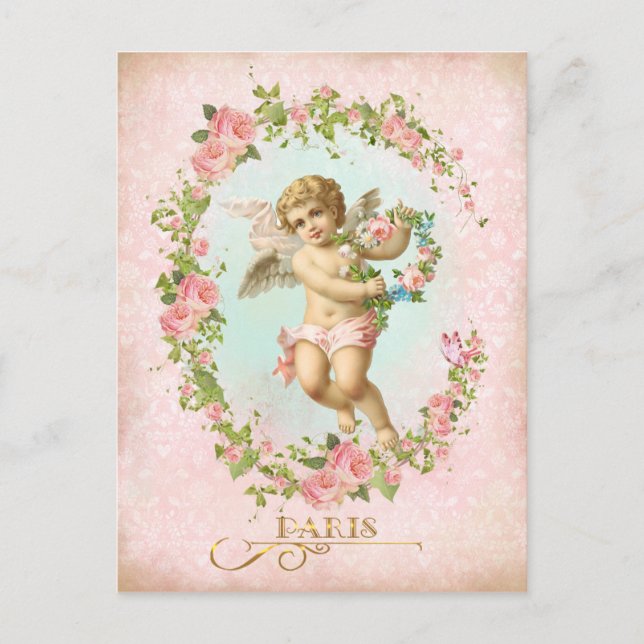 Postal Victorian Angel Pink Rose Frame Postcard (Anverso)