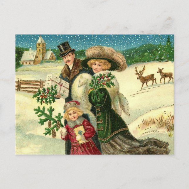 Postal Victorian family in the snow Christmas scene (Anverso)
