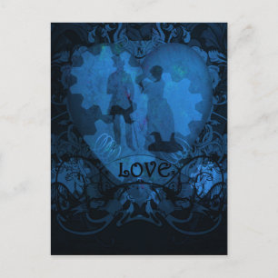 POSTAL VICTORIANA AZUL STEAMPUNK LOVE COUPLE
