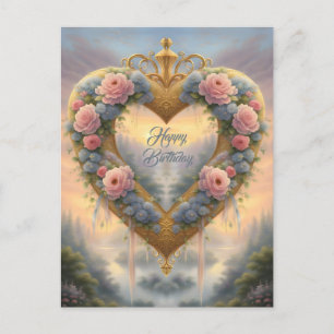 Postal Victoriano, corazón dorado con flores y dicho