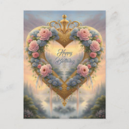 Postal Victoriano, corazón dorado con flores y palabras