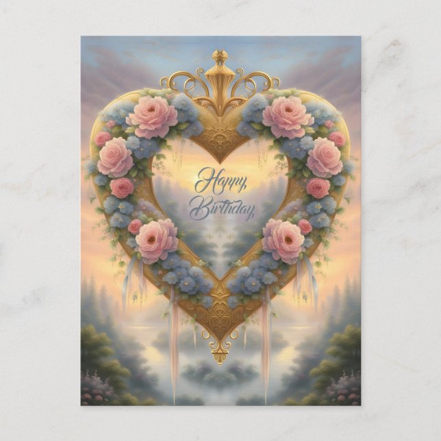 Postal Victoriano, corazón dorado con flores y palabras (Anverso)