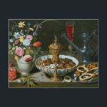 Postal Vida con flores goblet de Clara Peeters Po<br><div class="desc">Título completo: Still Life With Flowers, Goblet and Dainties Clara Peeters fue una pintora flamenca del siglo XVII de Amberes que trabajó en los Países Bajos y Holanda. Peeters es la artista flamenca más conocida de esta época y una de las pocas mujeres artistas que trabajan profesionalmente en la Europa...</div>
