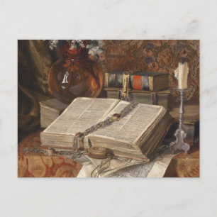 Postal Vida con folios y flores de cerezo