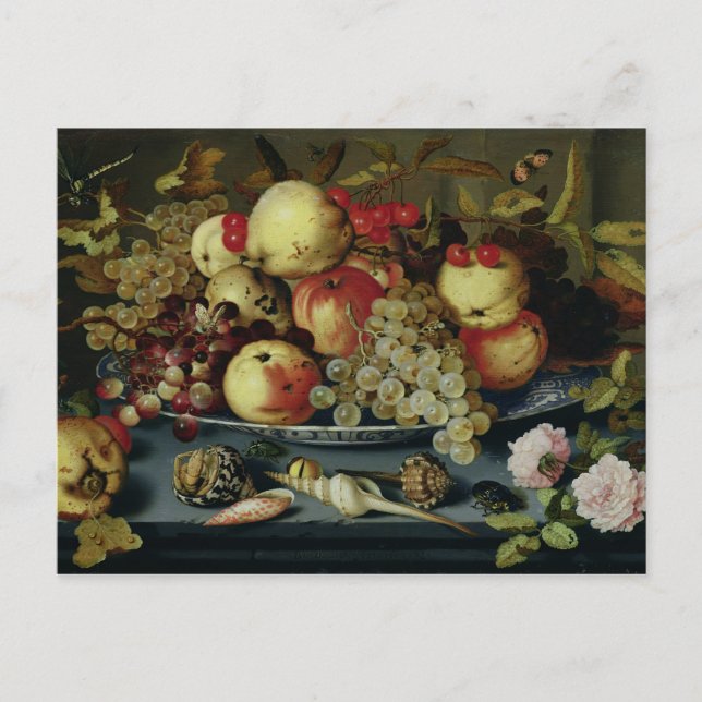 Postal Vida con frutas, flores y mariscos (Anverso)