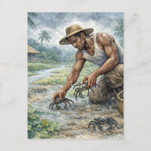 Postal Vida de Aldea Tropical: Hombre Atrapando Cangrejos