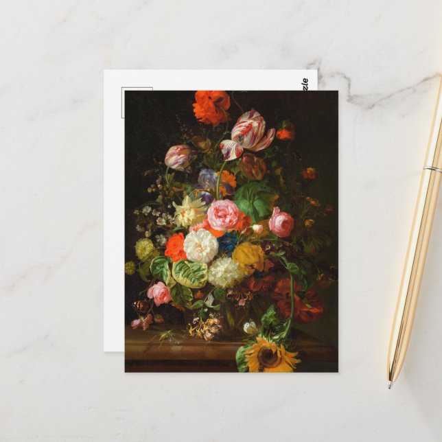 Postal Vida de rosas, tulipanes, un girasol, 1710 (Anverso/Reverso In Situ)