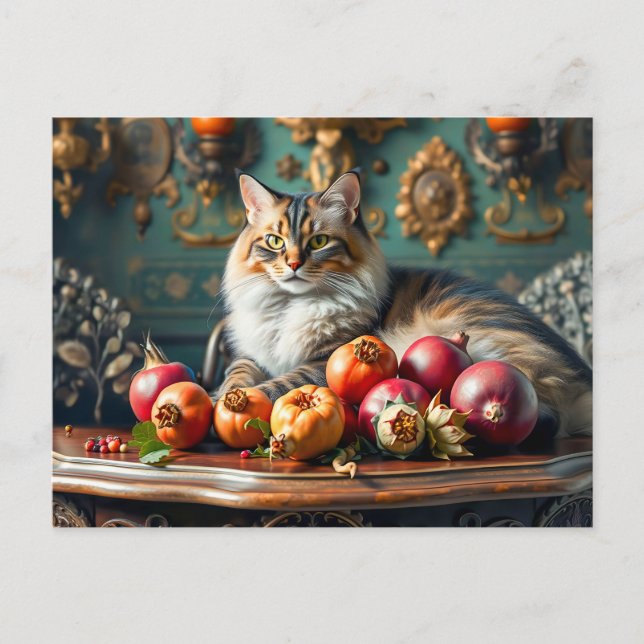 Postal Vida fija clásica con gato y frutas (Anverso)