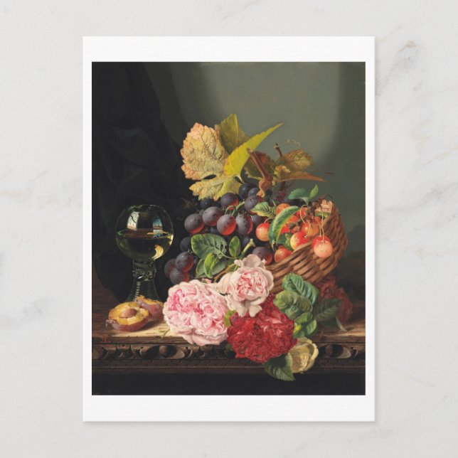 Postal Vida fija con peonías y una copa de vino (Anverso)
