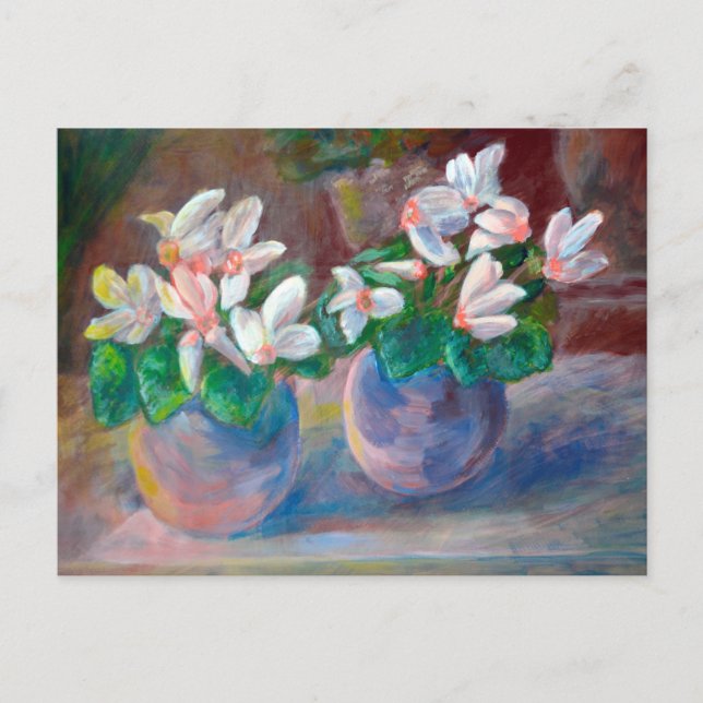 Postal Vida fija con pinturas de ciclamen rosado (Anverso)