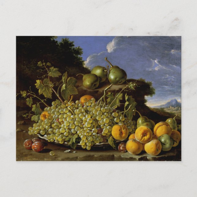 Postal Vida residual con platillo de uvas, melocotones, p (Anverso)