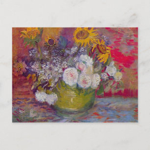 Postal Vida residual con rosas y girasoles de Van Gogh