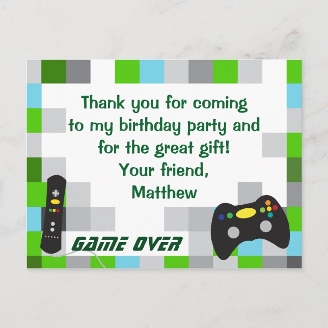 Postal Video Game Truck Birthday Party Gracias (Anverso)