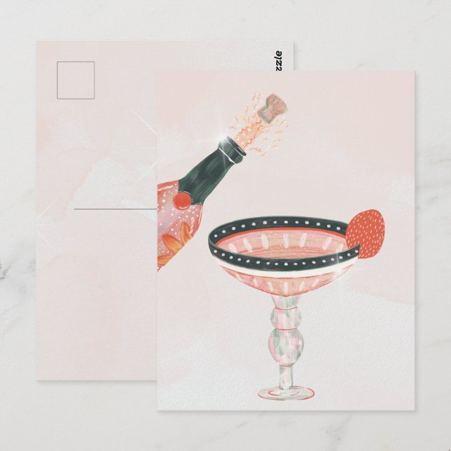 Postal Vidrio de champán y fiesta de cumpleaños de botell (Anverso / Reverso)