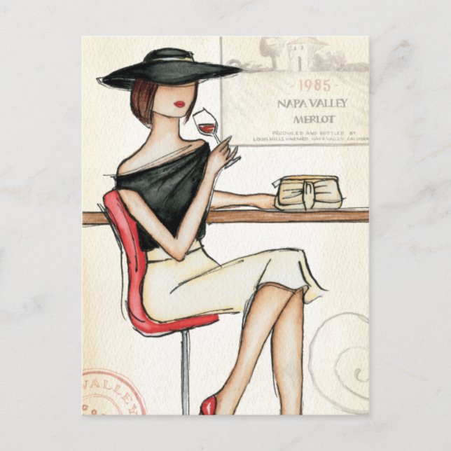 Postal Vidrio de mujer y vino (Anverso)
