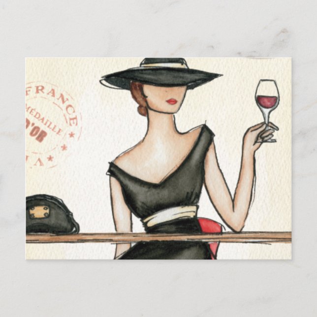 Postal Vidrio de mujer y vino de moda (Anverso)