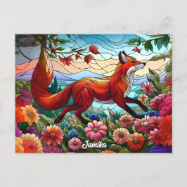 Postal Vidrio Manchado Mira Fox Rojo y Flores