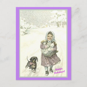 Postal Vieja Alemana Cute Niña, Dachshund, Gatos, Nieve