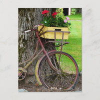 Vieja bicicleta antigua con cesta de flores