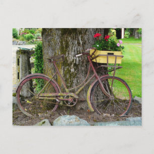 Postal Vieja bicicleta antigua con cesta de flores