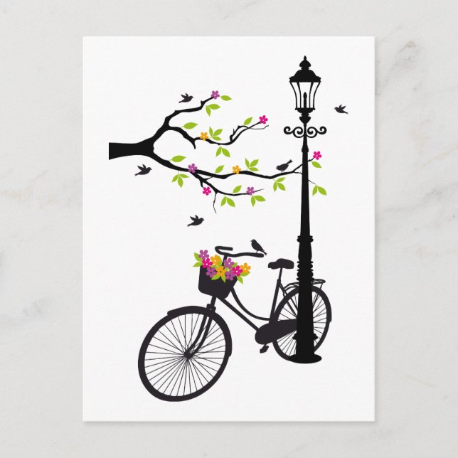 Postal Vieja bicicleta con lámpara, cesta de flores, pája (Anverso)