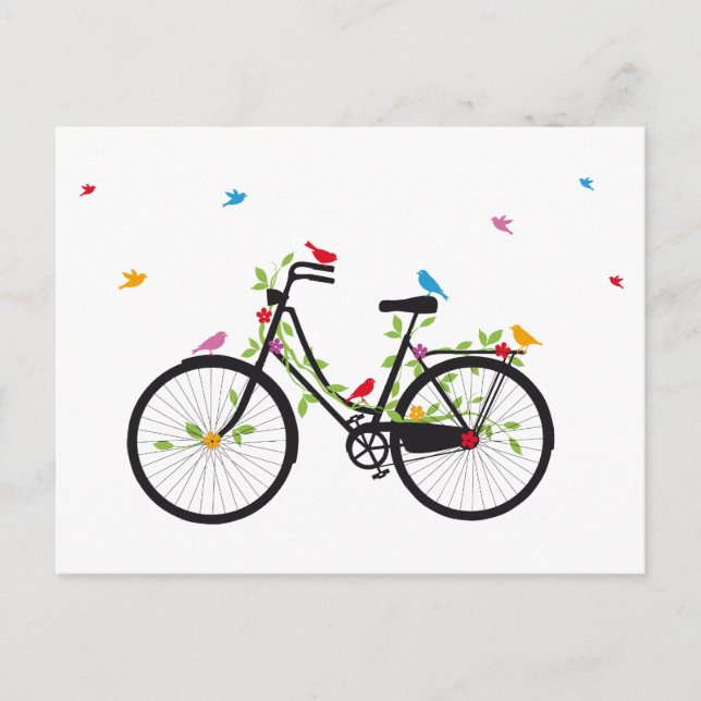 Postal Vieja bicicleta de época con flores y pájaros (Anverso)