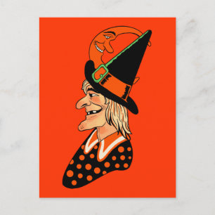 Postal Vieja bruja vintage con una luna