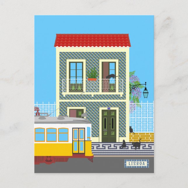 Postal Vieja casa de Lisboa con gatos y tranvía amarillo (Anverso)