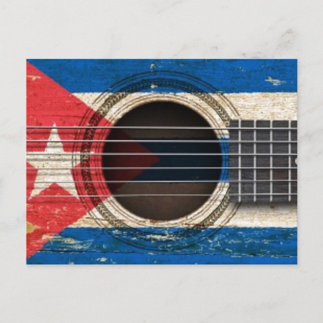 Postal Vieja guitarra acústica con bandera cubana (Anverso)