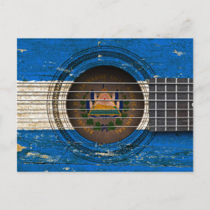 Postal Vieja guitarra acústica con bandera de El Salvador