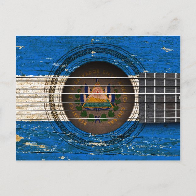 Postal Vieja guitarra acústica con bandera de El Salvador (Anverso)