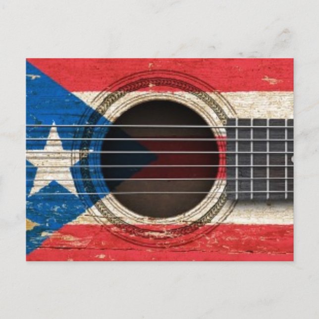 Postal Vieja guitarra acústica con bandera de Puerto Rico (Anverso)