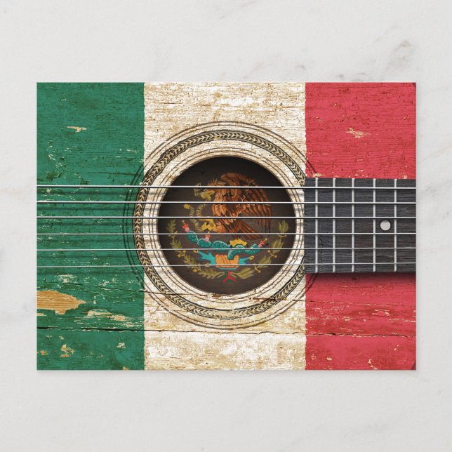 Postal Vieja guitarra acústica con bandera mexicana (Anverso)