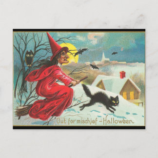 Postal Vieja moda Halloween Bruja, Volando, Kitty Negro