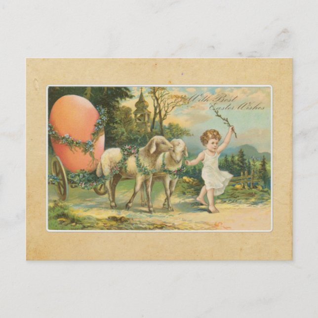 Postal Vieja Niña con Pascua de Cordero de 1906 (Anverso)