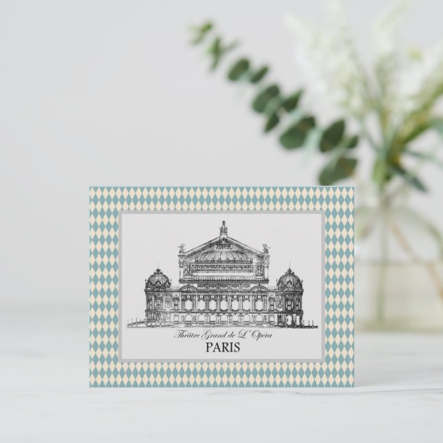 Postal Vieja Ópera de París Ilustracion Harlequin (Anverso de pie)