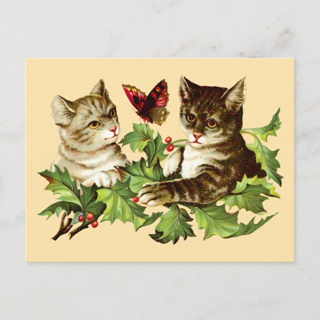 Postal Vieja plantilla de gatos y mariposa de la era vict (Anverso)